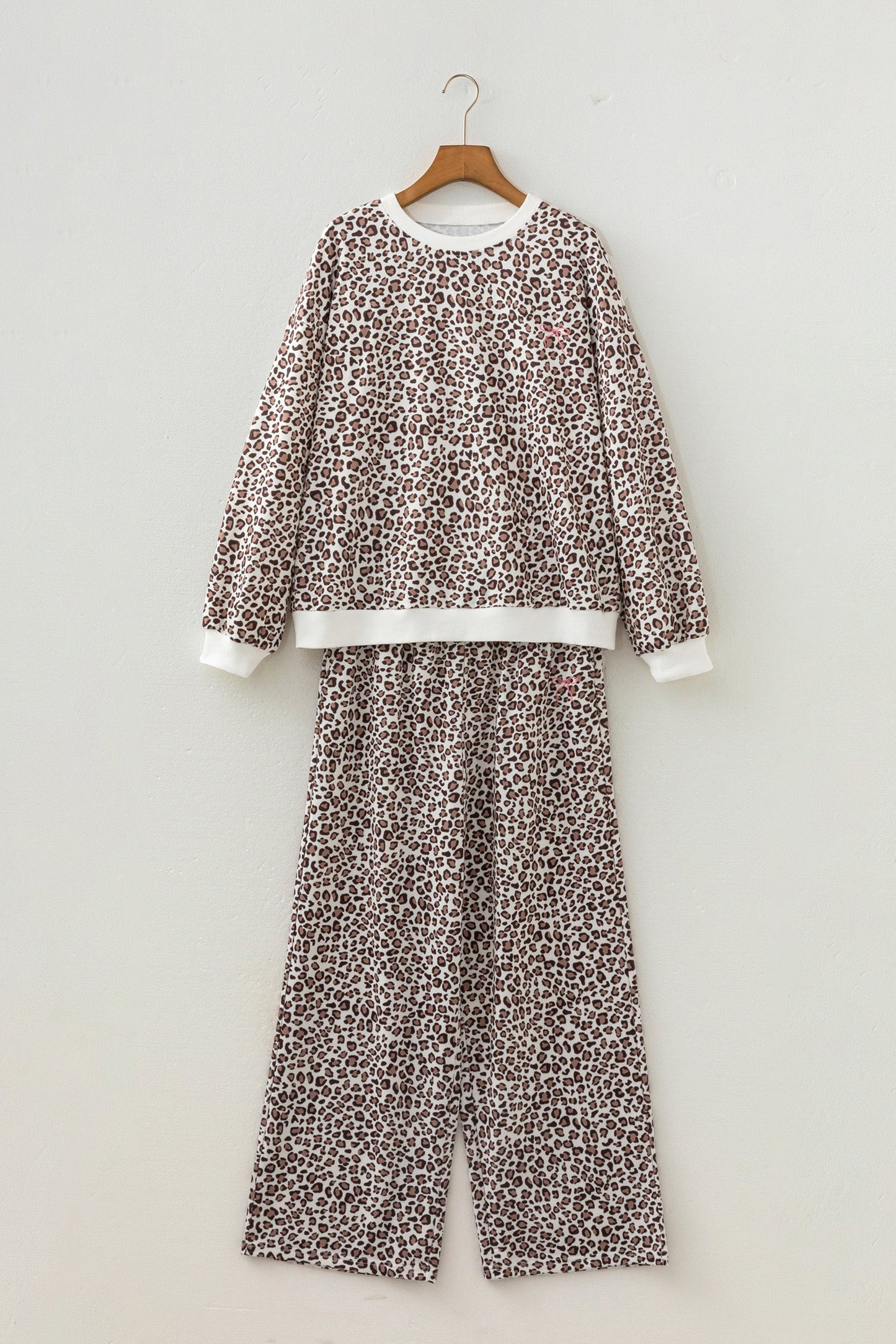 Leopard Bow Embroidered Colorblock Top & Pants Set