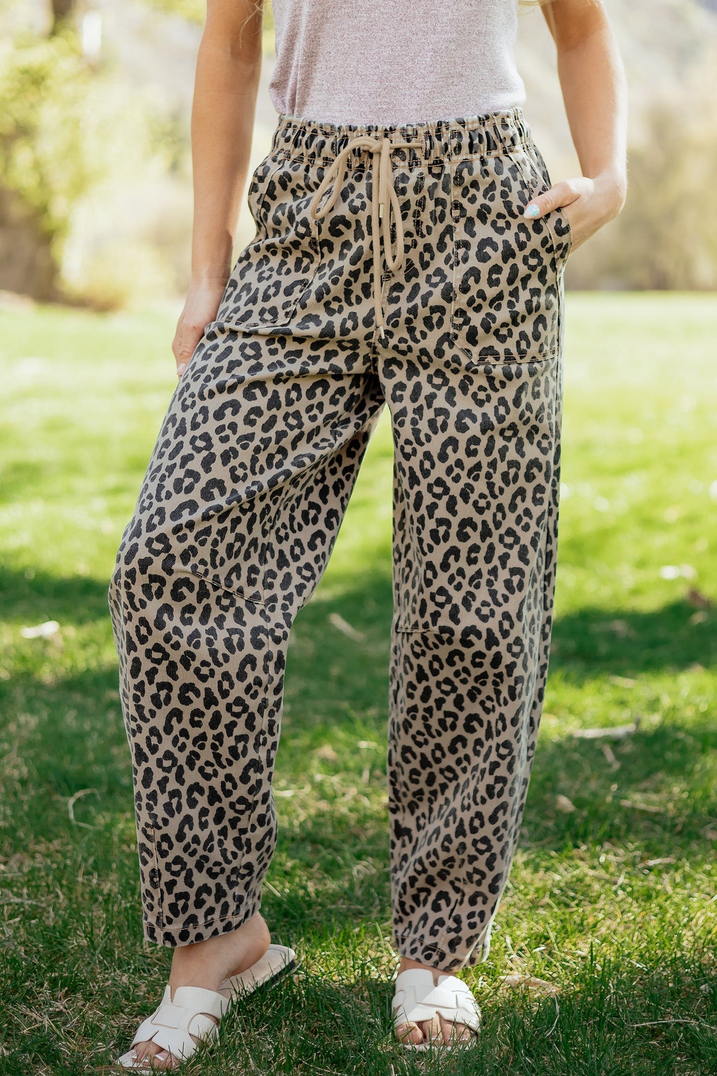 Leopard Denim Drawstring Elastic Waist Loose Pants
