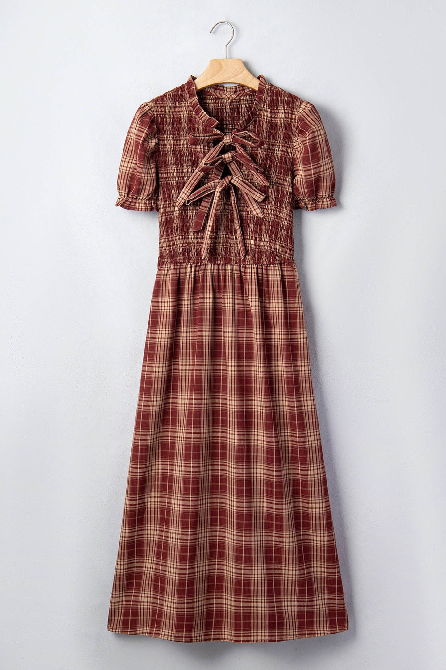 Plaid Vintage Knot Front Smocked High Waist Midi Dress