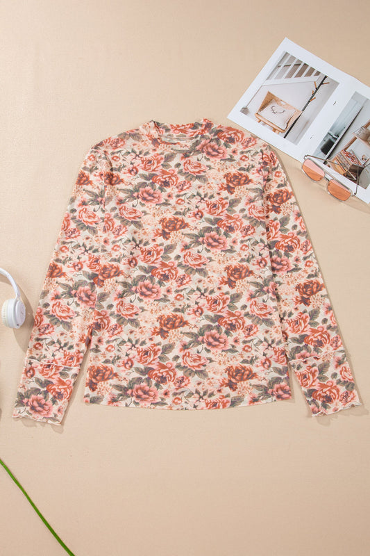 Plus Size Floral Mesh Mock Neck Top