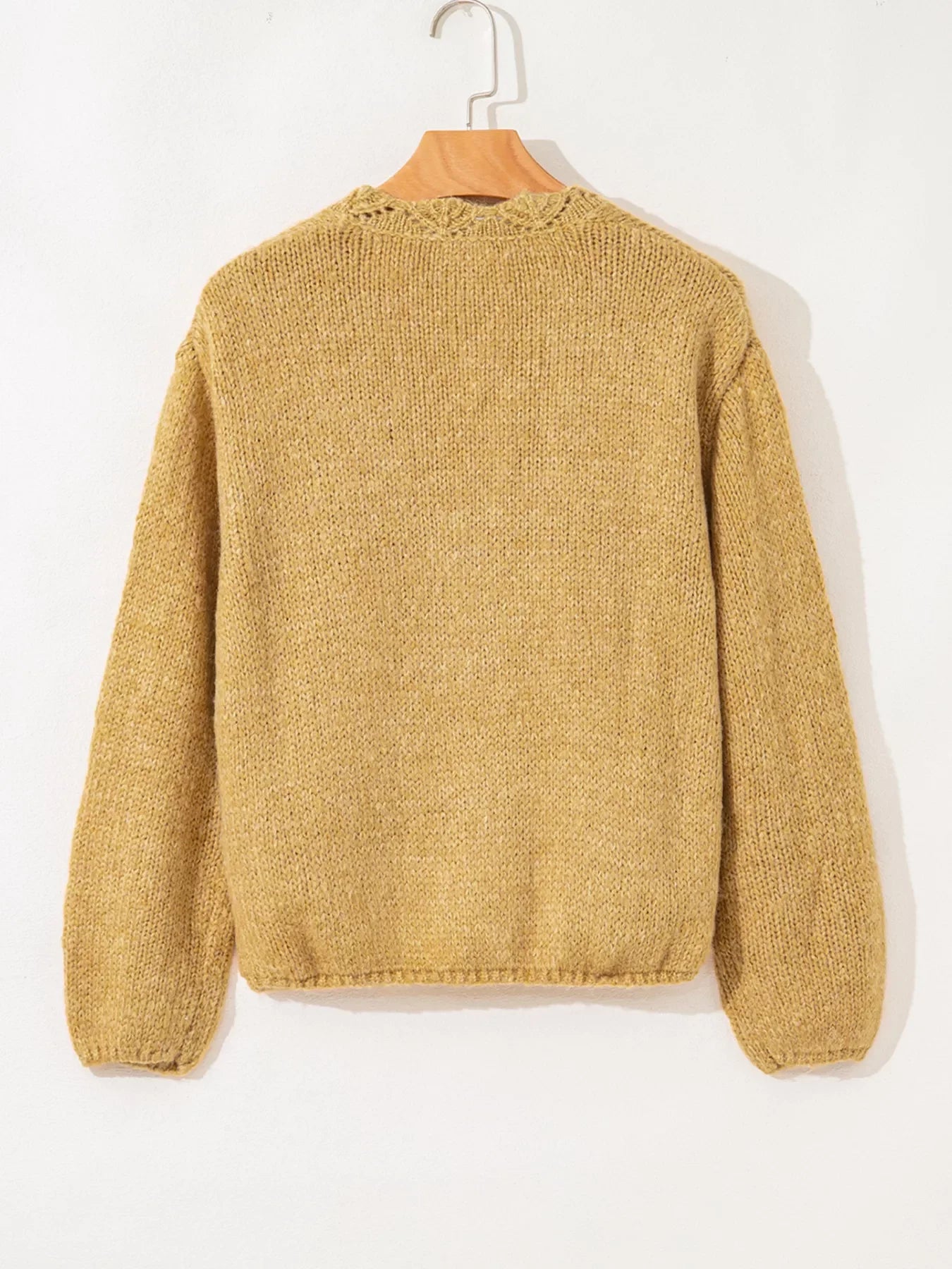 Women Women Lantern Sleeve Scallop V Neck Buttoned Front Cardigan Sweater