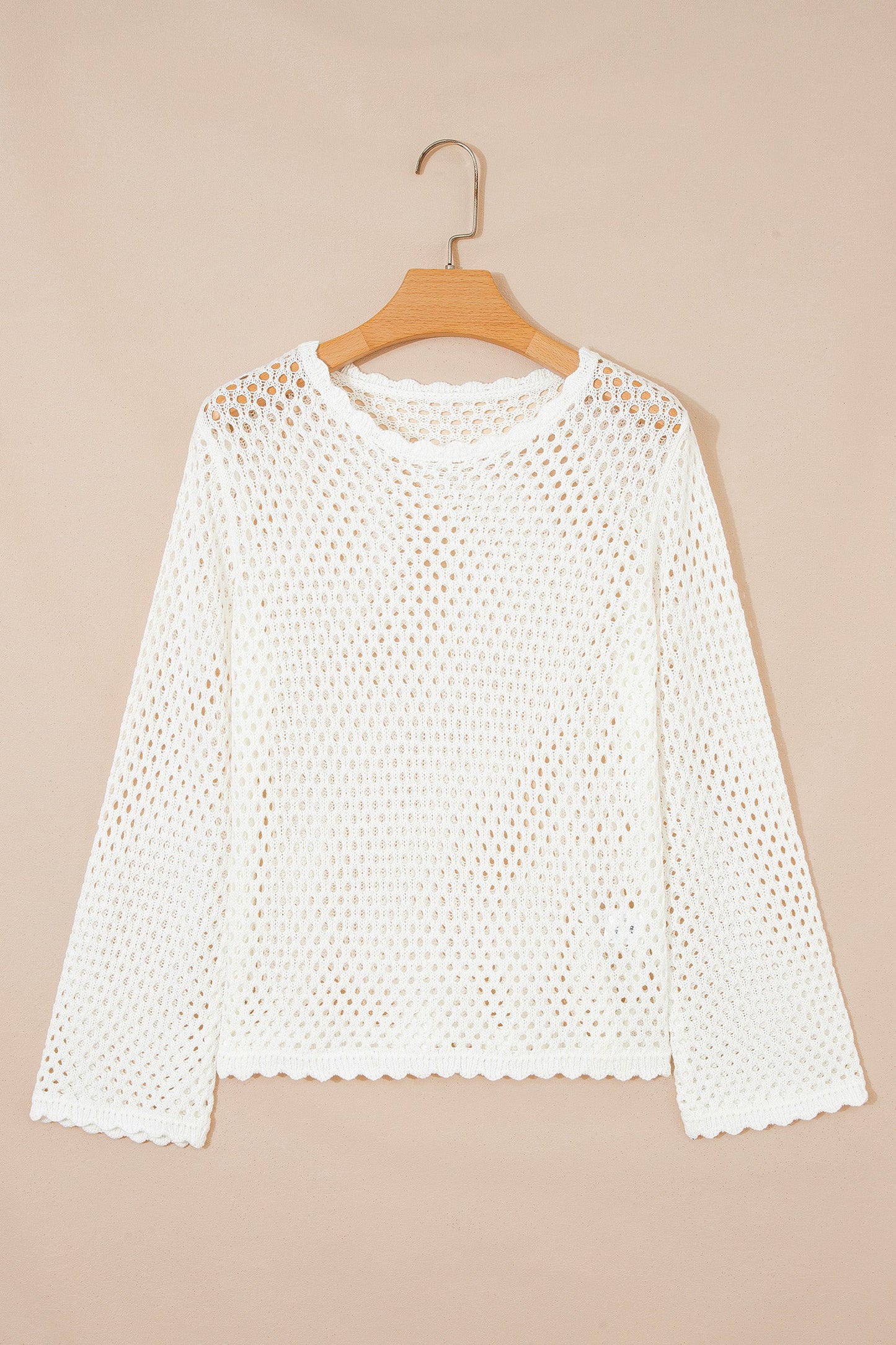 Scalloped Trim Hollow Out Knit Long Sleeve Top