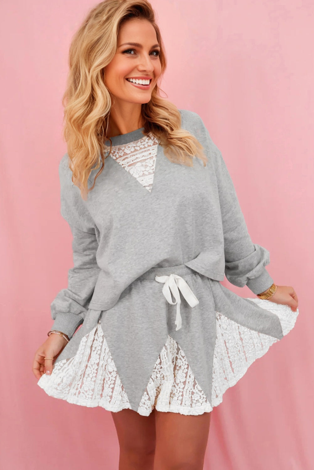 Lace Patchwork Pullover and  Drawstring Skort Set
