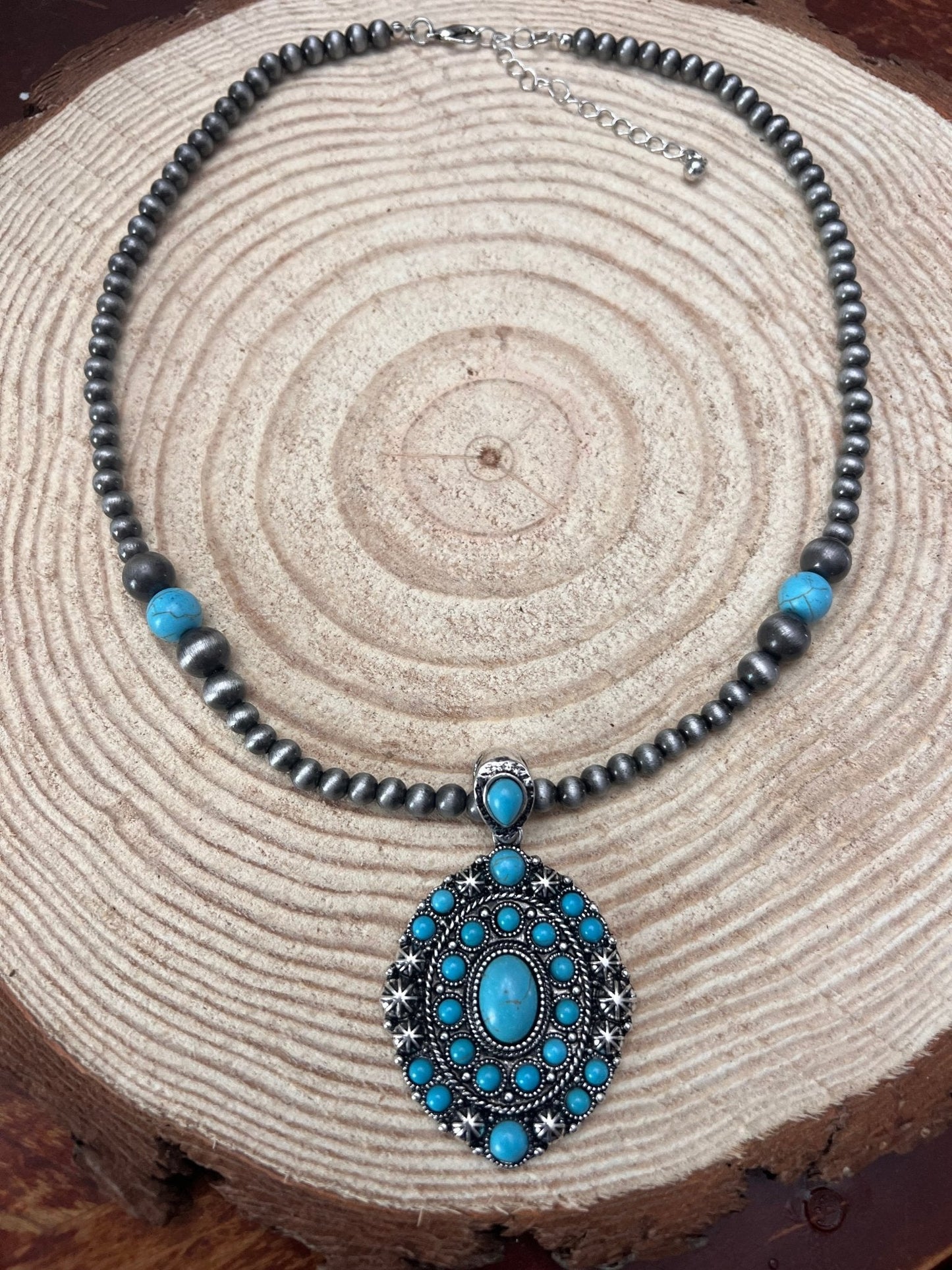 Faux Turquoise and Faux Sterling Pearl Concho Necklace -  20 inch + 3