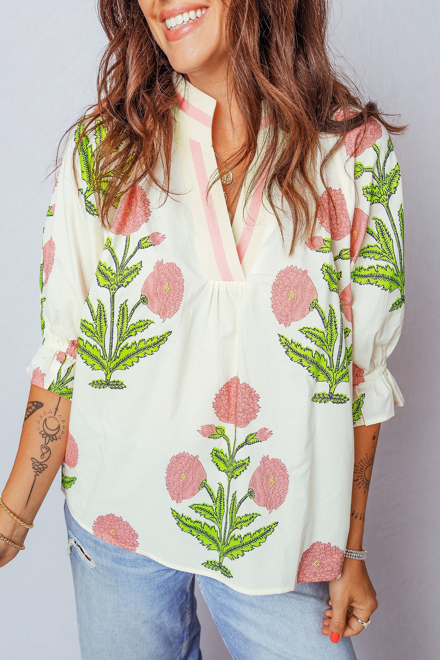 Wild Flower V-Neck 3/4 Sleeve Blouse