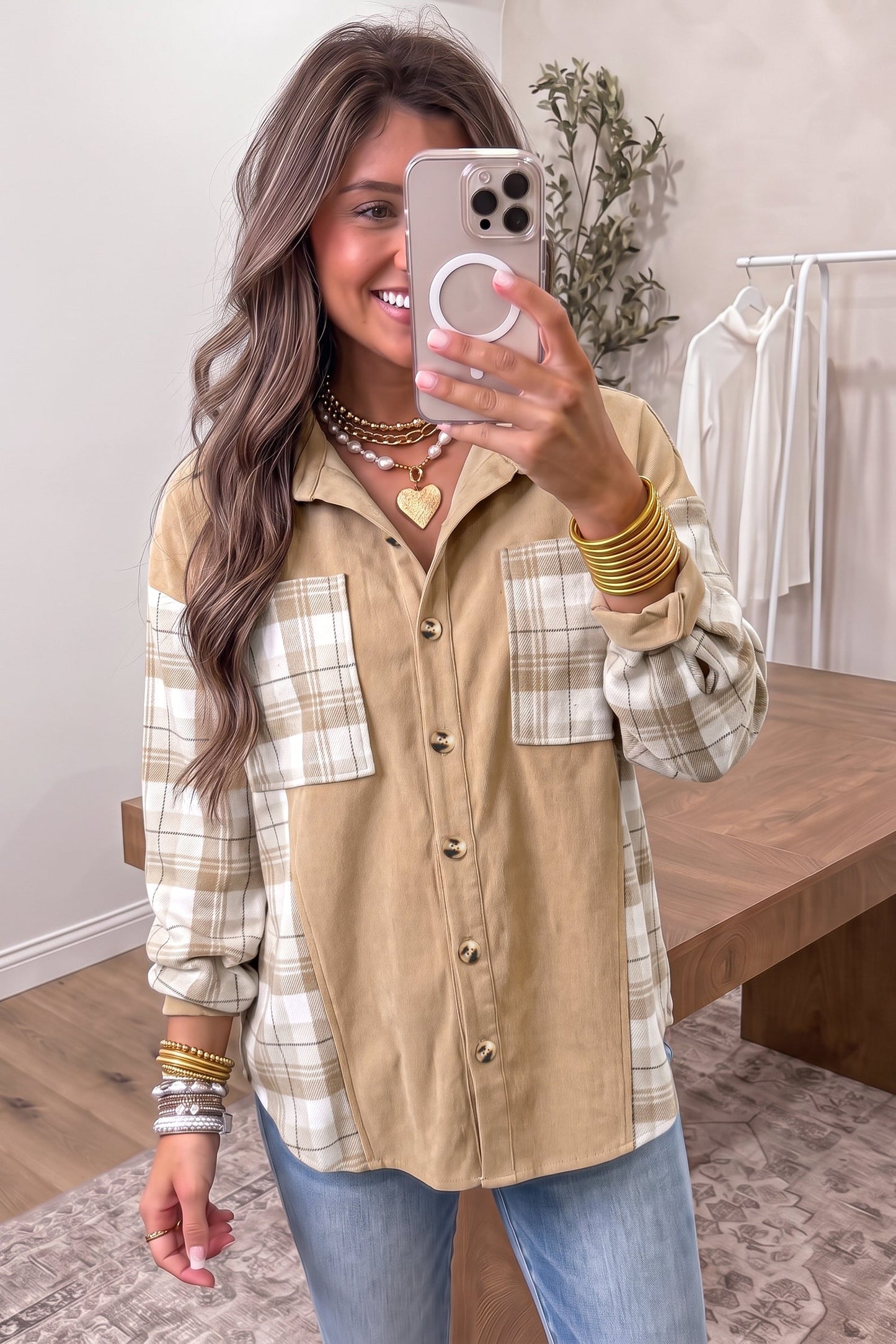 Plaid Colorblock Patch Pocket Buttoned Shacket