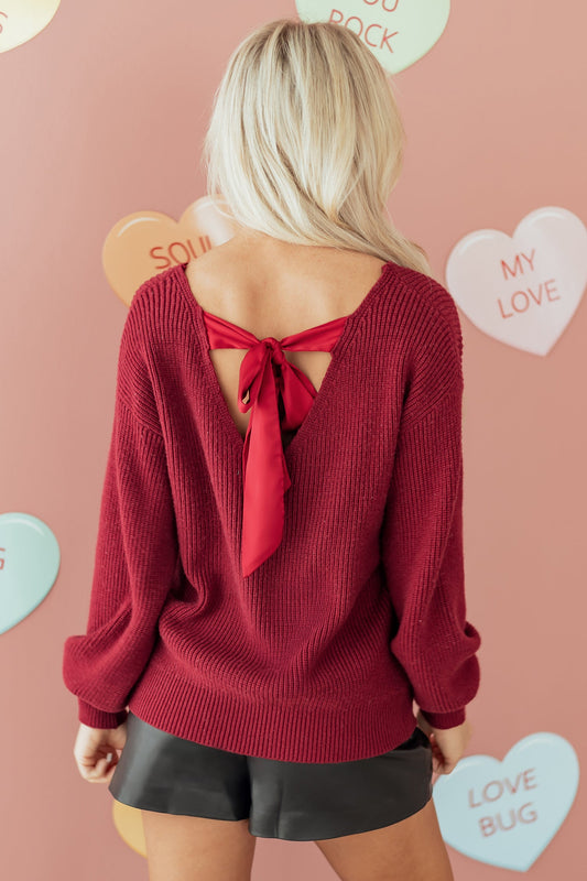 Ribbon Knot Backless Drop Shoulder Ribbed Sweater