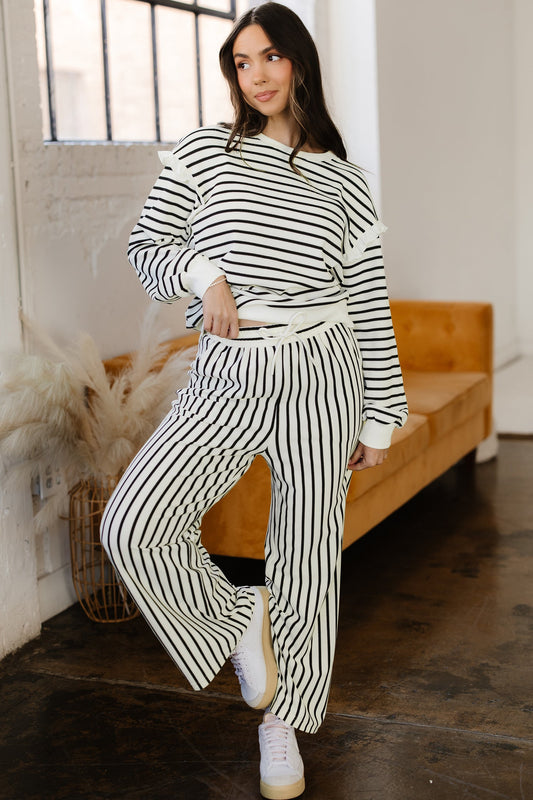 Ruffle Trim Drop Shoulder and Loose Pants Set