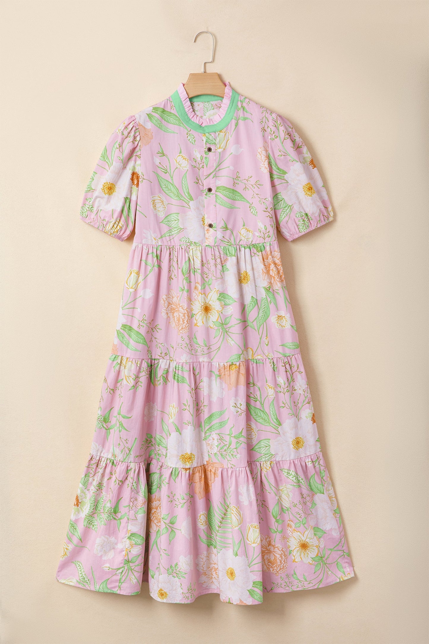 Floral Puff Sleeve Ruffle Tiered Maxi Dress