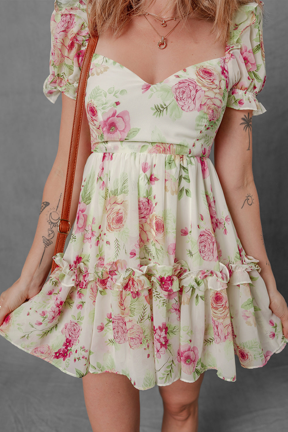 Floral Ruffle Sweetheart Mini Dress