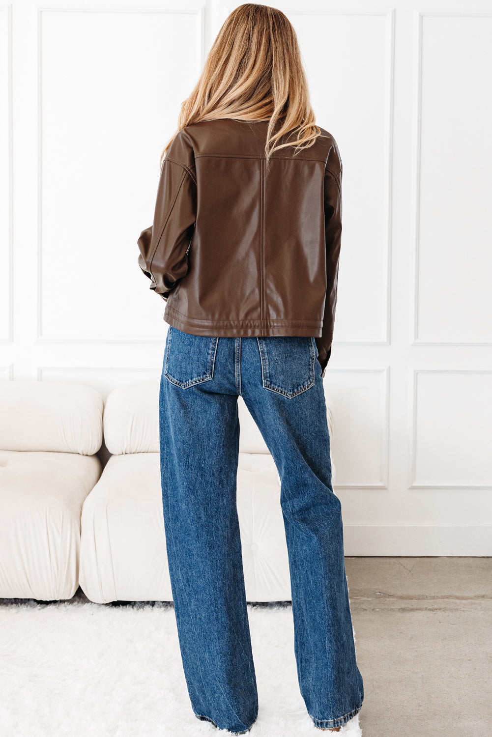 Leather Drawstring Hem Pocketed Jacket