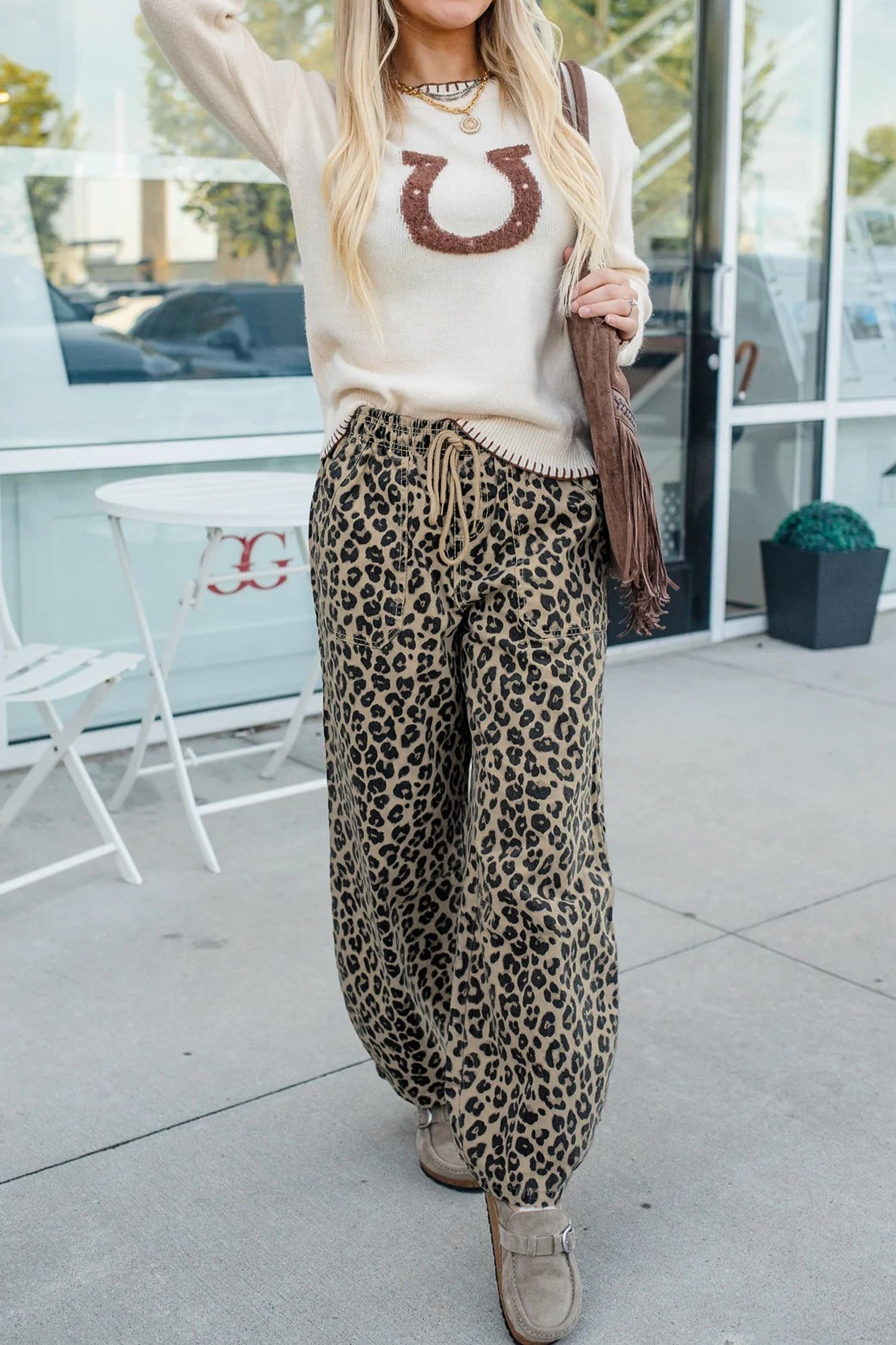 Leopard Denim Drawstring Elastic Waist Loose Pants