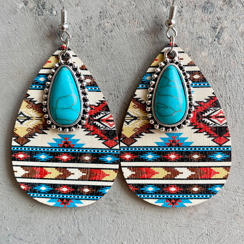 Turquoise Teardrop Shape Wooden Dangle Earrings - 3 Styles