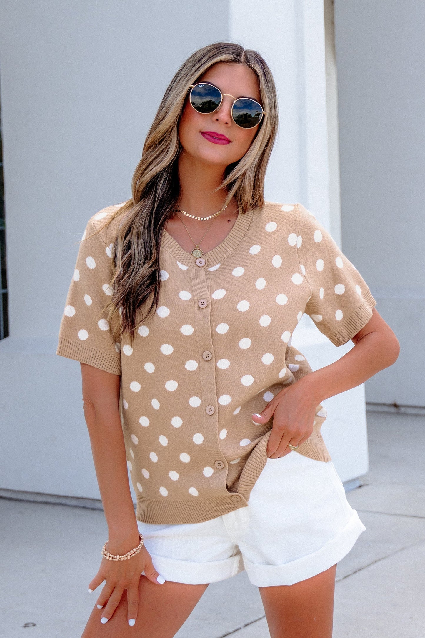 Polka Dot Short Sleeve Buttoned Sweater Cardigan