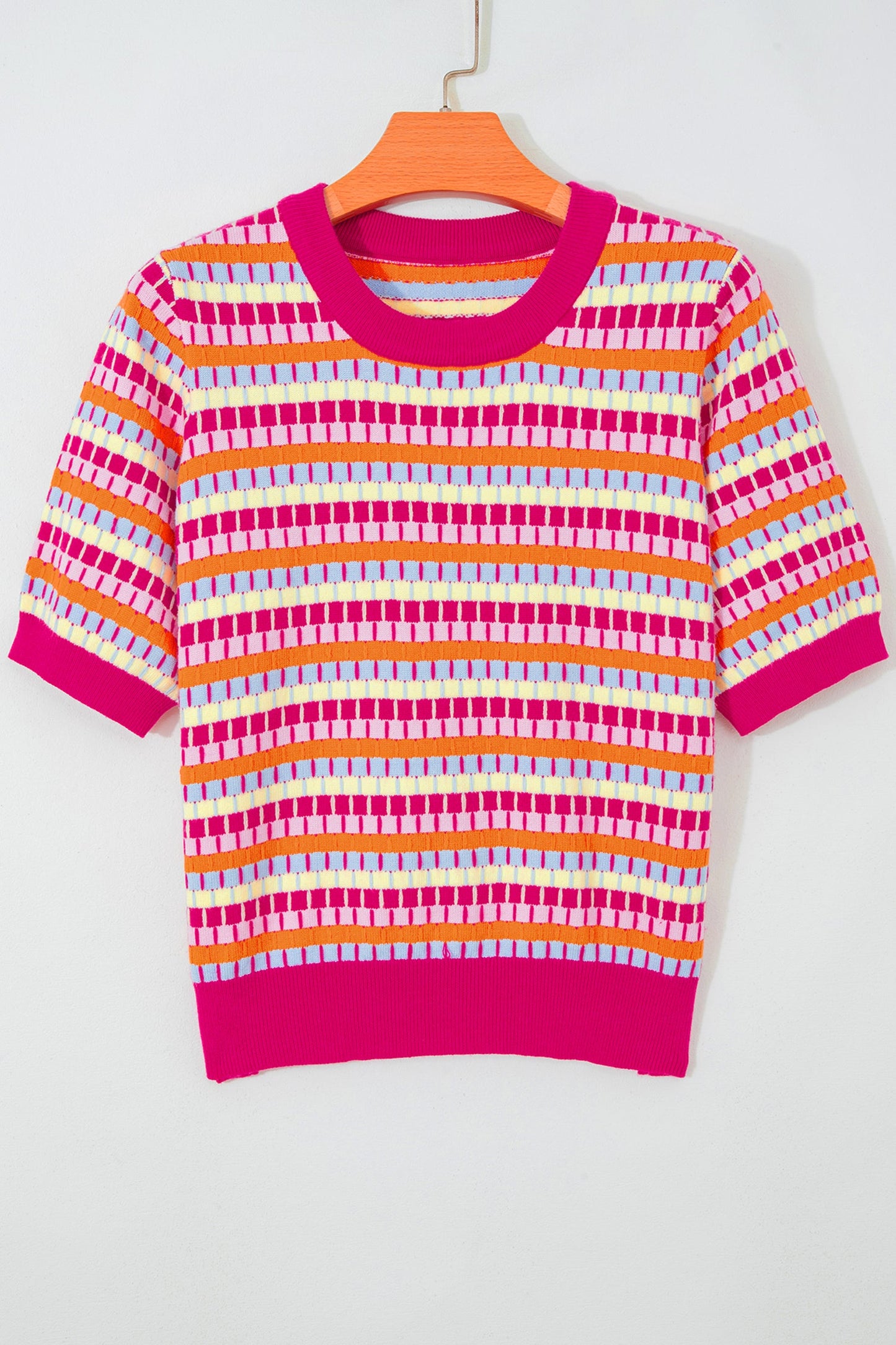 Abstract Stripe Short Sleeve Sweater Knit Top
