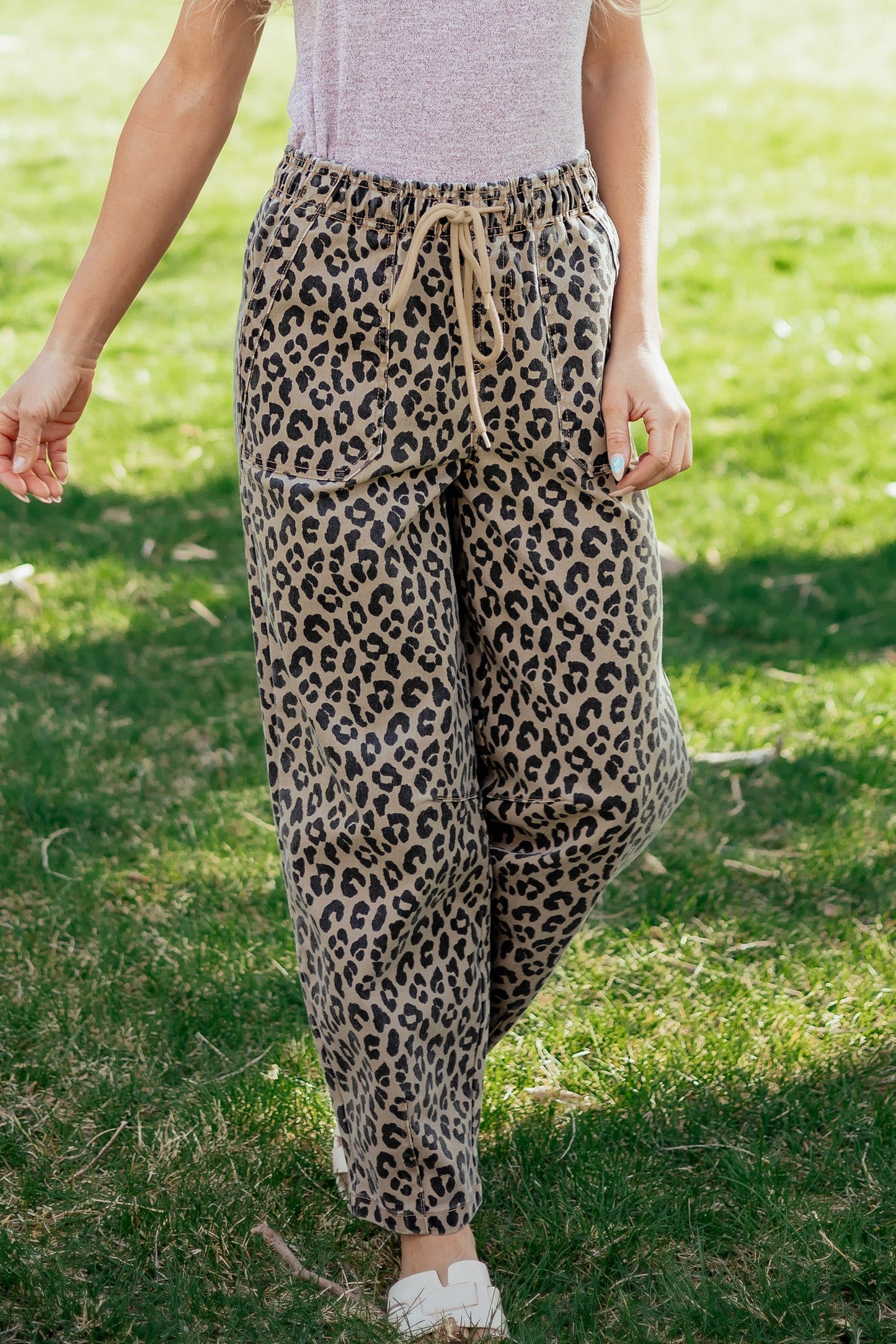 Leopard Denim Drawstring Elastic Waist Loose Pants