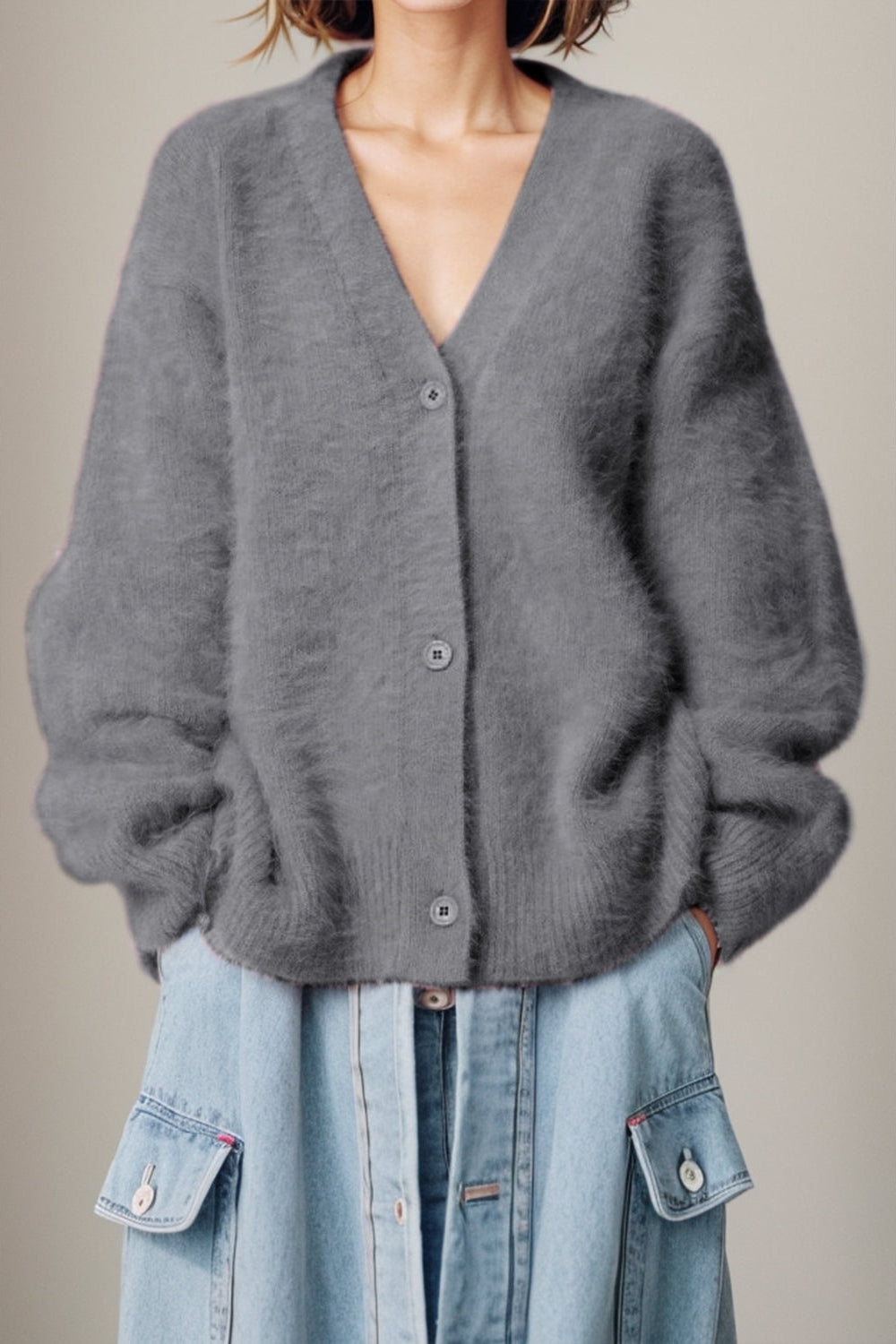 Women Button Up Dropped Shoulder Cardigan Sweaters