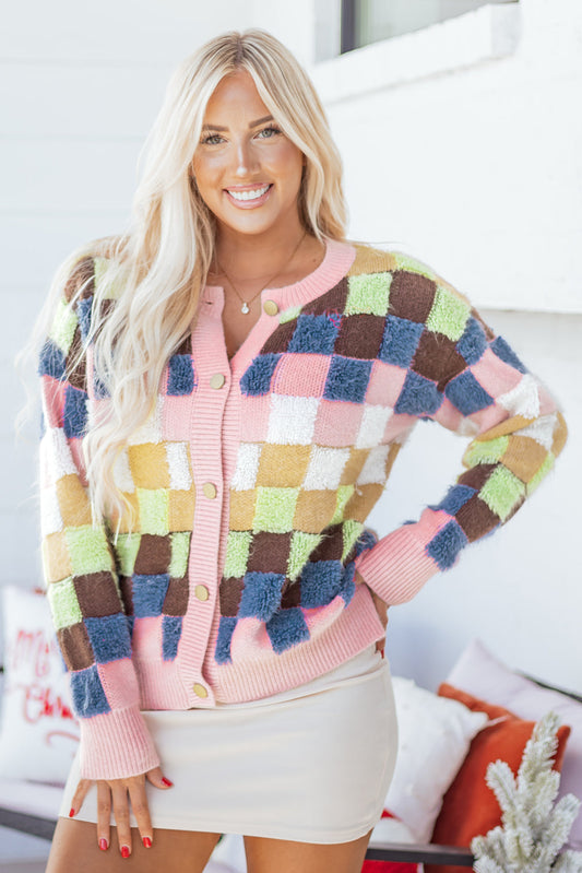 Checker Textured Knit Button Front Cardigan Sweater