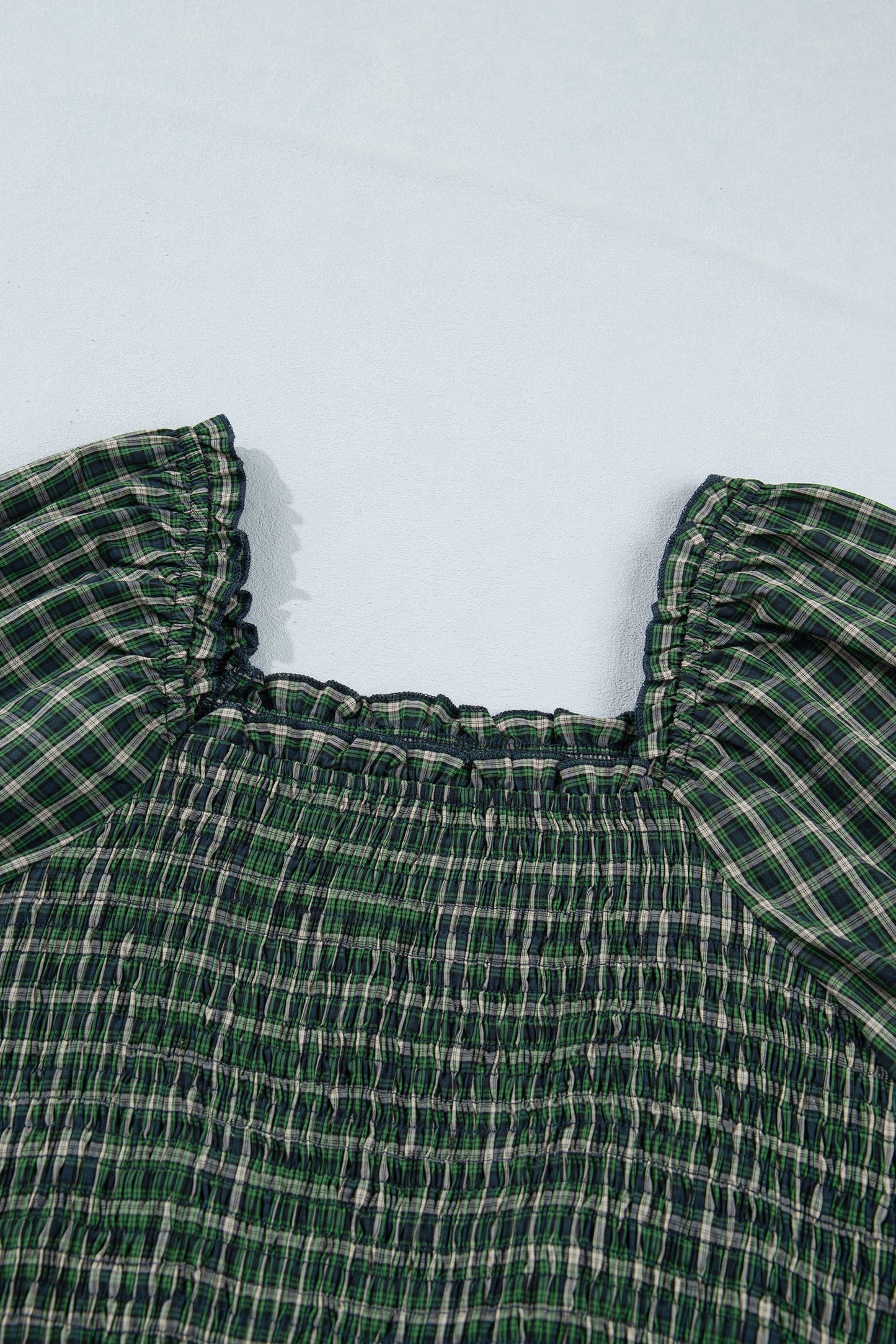Plaid Shirred High Waist Square Neck Ruffle Hem Dress
