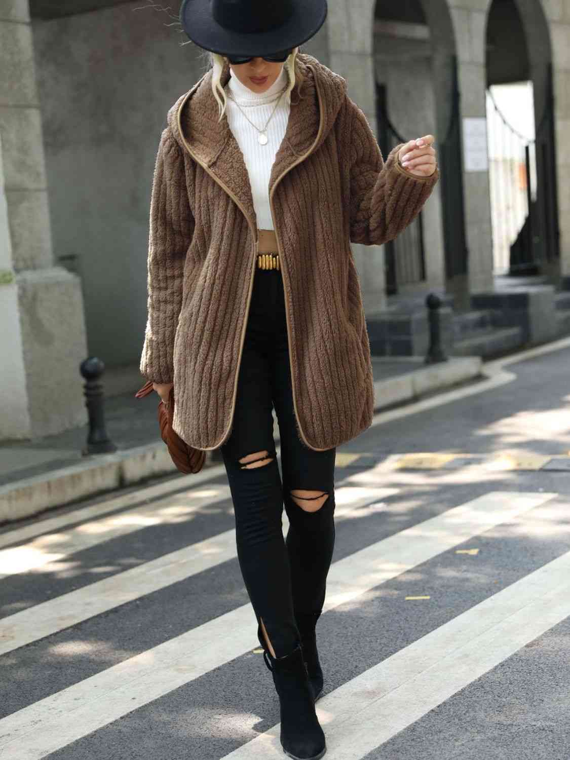 Women Open Front Ribbed Hooded Coat
