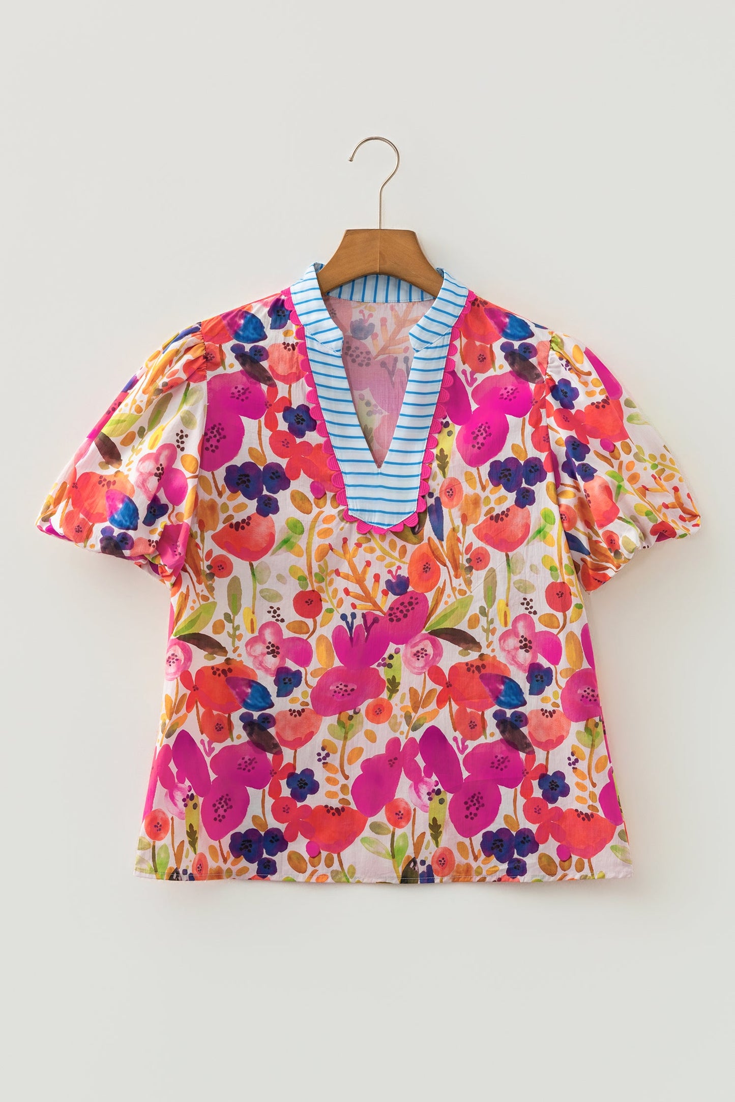 Floral V-Neck Puff Sleeve Cotton Blouse