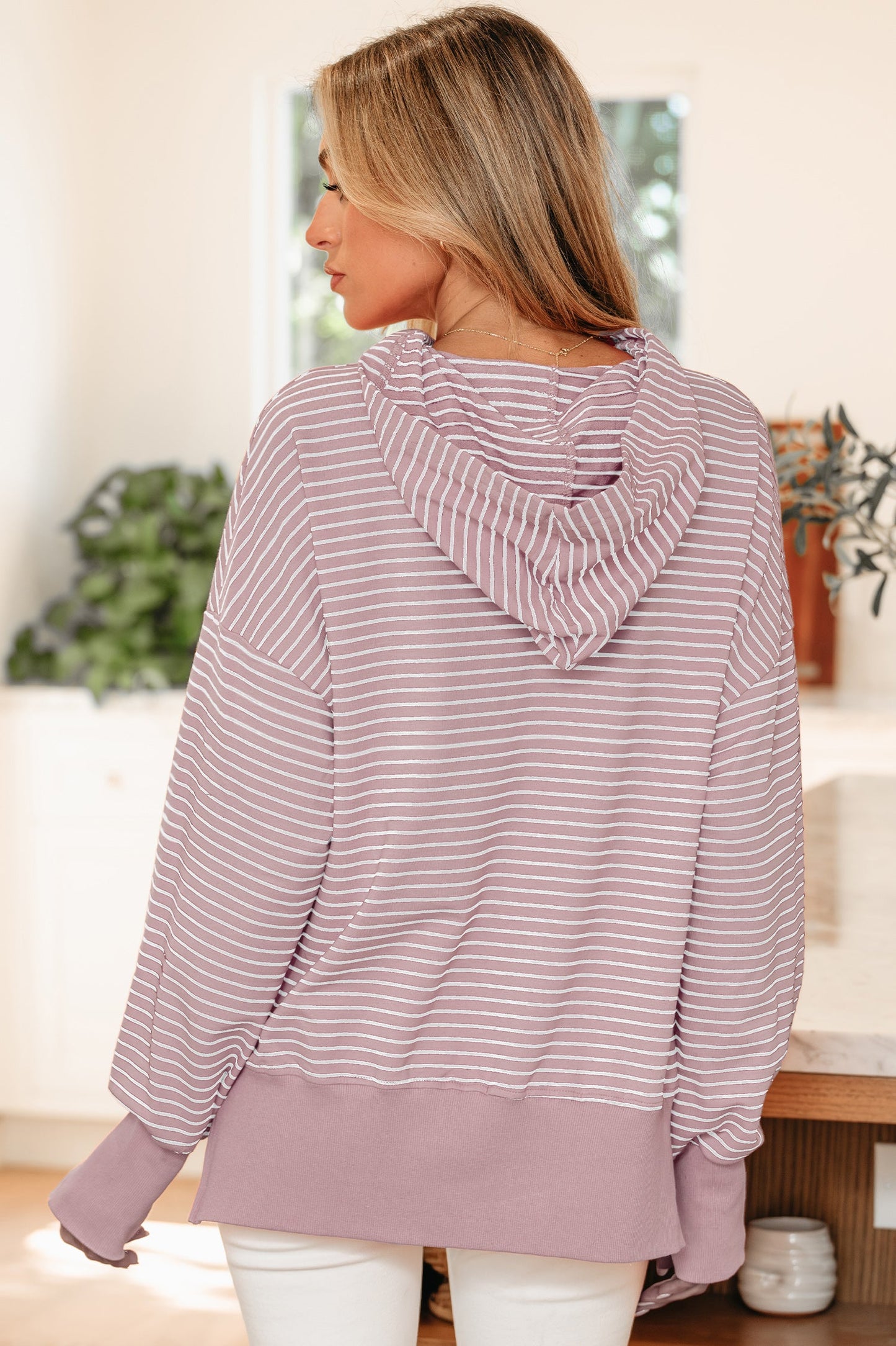 Stripe Thumbhole Sleeve Side Slit Drop Shoulder Hoodie