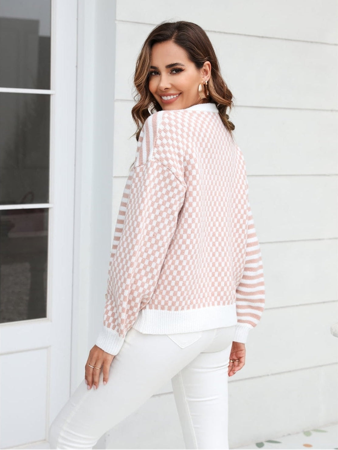 Women Button-Down Stripe & Plaid Contrast Pattern Cardigan Sweater