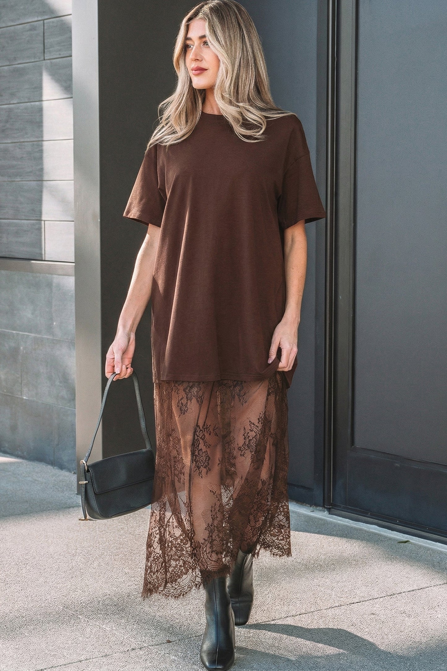 Solid Lace Patchwork Short Sleeve Maxi Dress