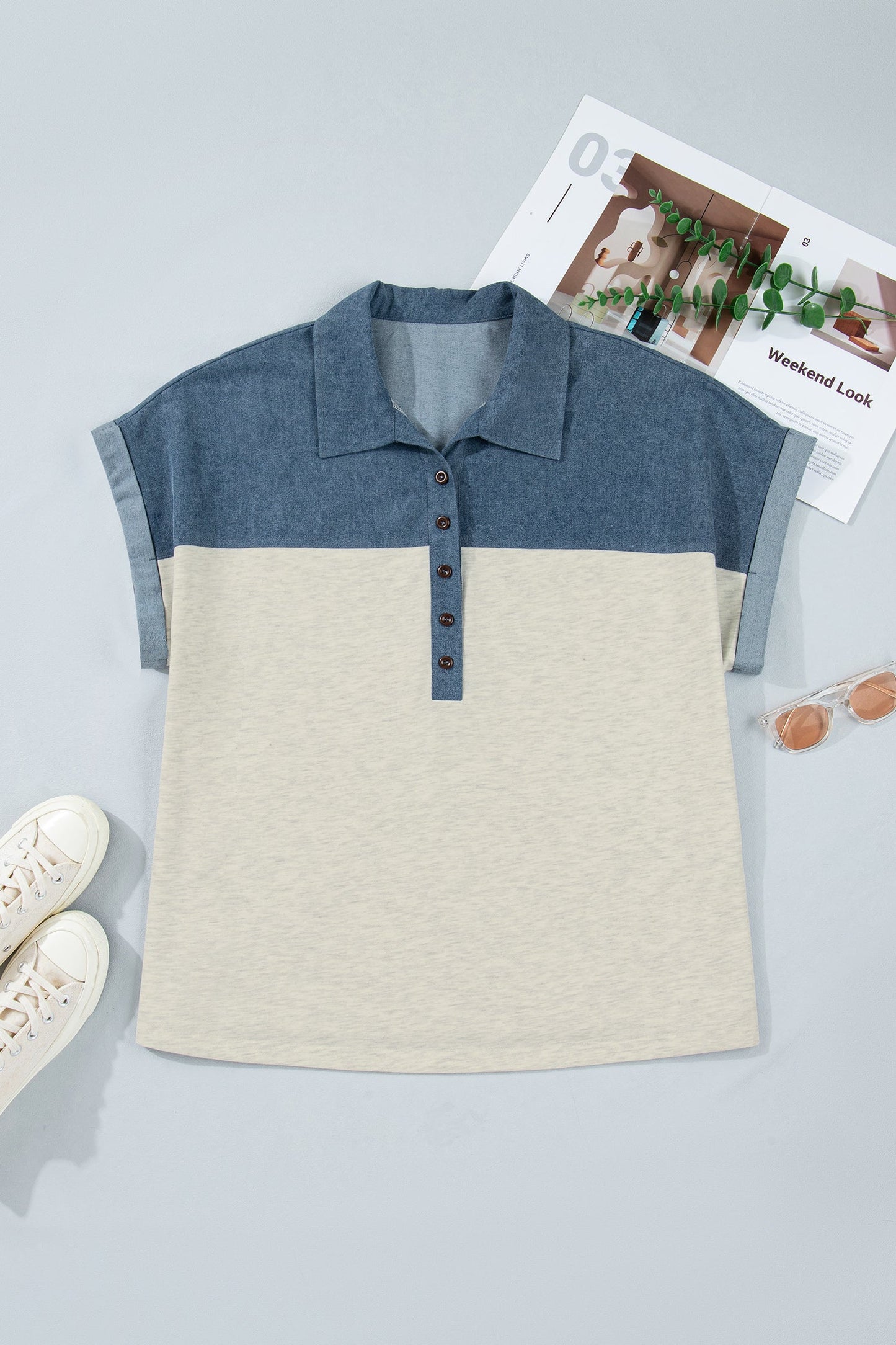 Plus Size Denim Patchwork Half Buttoned Collar Top