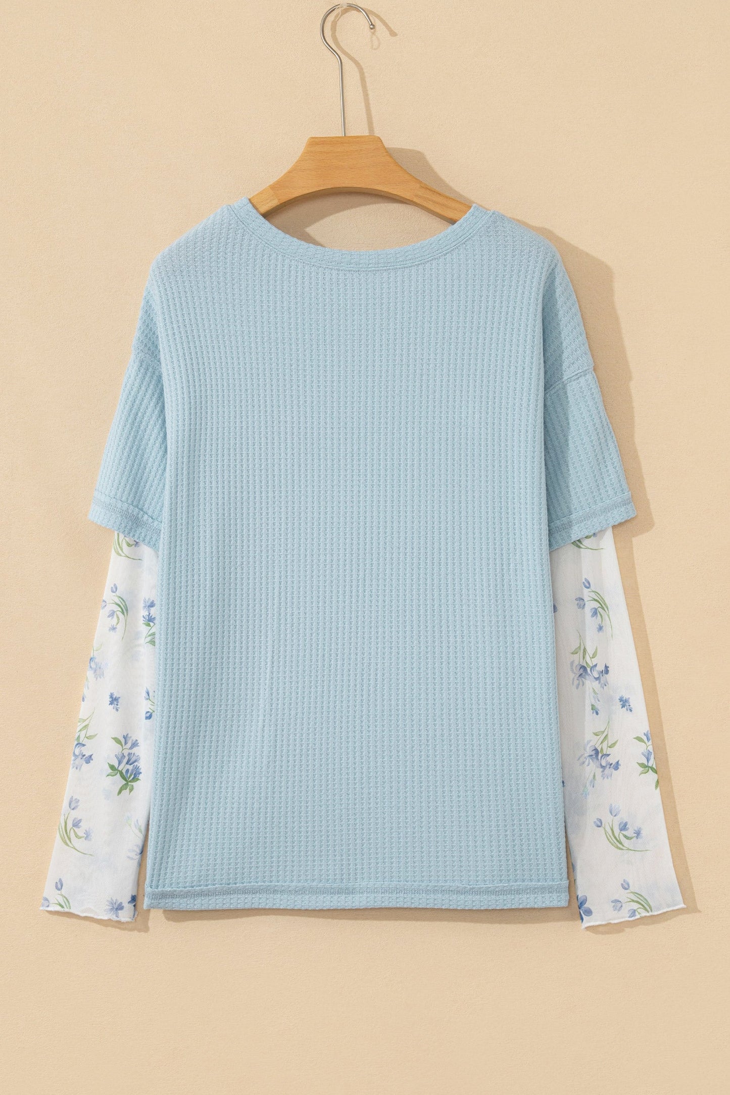 Floral Mesh Patchwork Waffle Fake Two-Piece Top