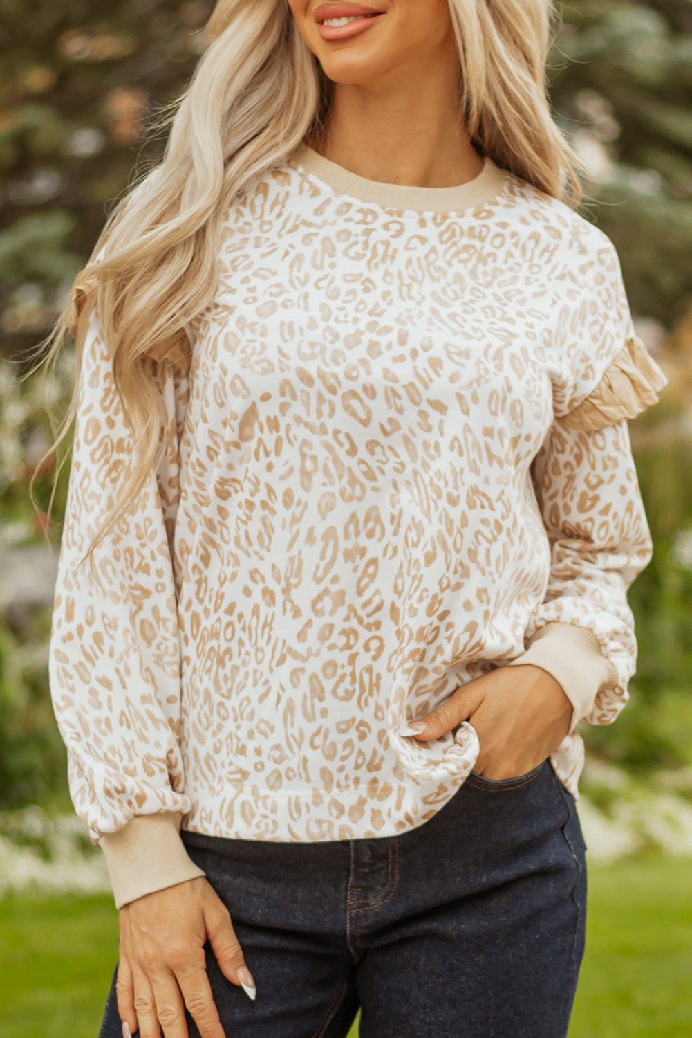 Leopard Ruffle Ribbed Trim Round Neck Sweatshirt