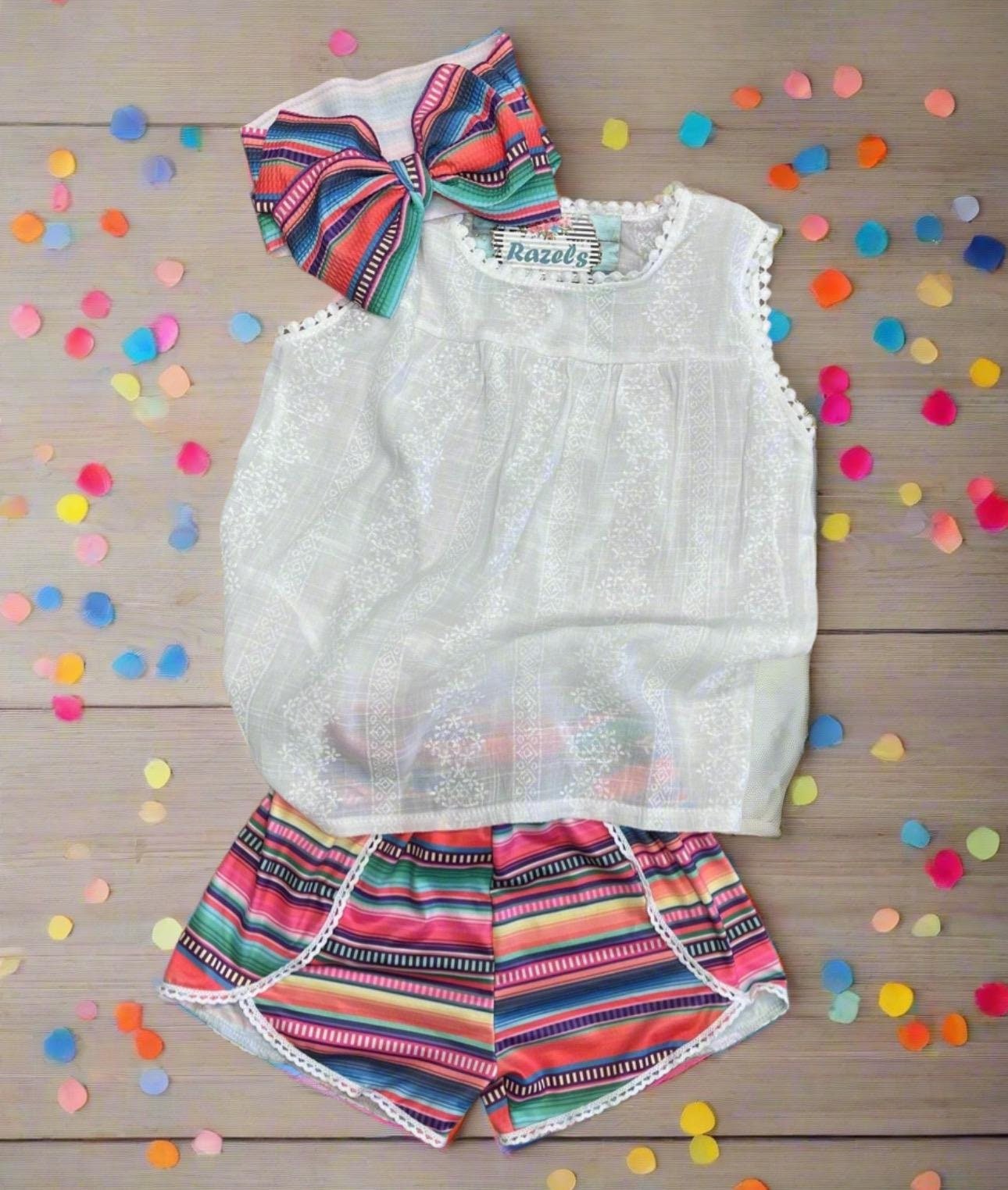 Girls Serape Summer Shorts – Pink Stripe Western Boutique Style – Lightweight & Lace Hem