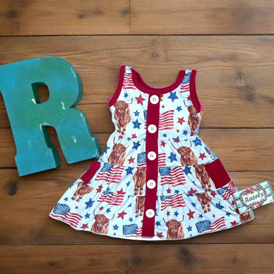 Highland Cow 4th of July Outfits for Kids – Dress, Button Down Shirt & Romper | Western Matching Sibling Set | Patriotic Cowboy ClothesOf July Kids