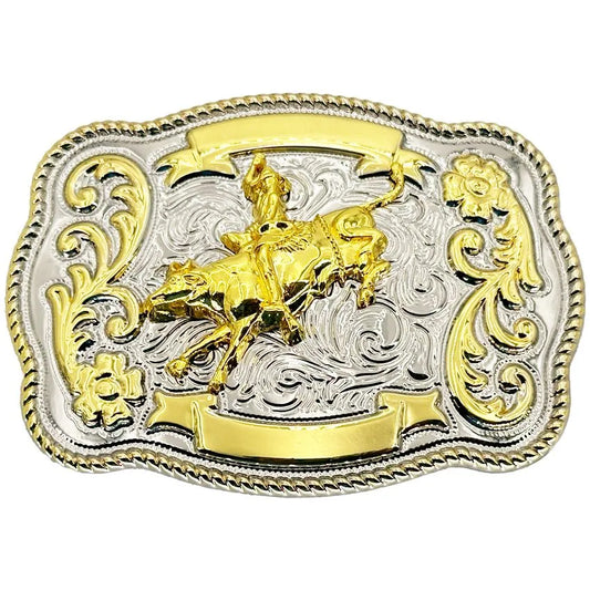 Western Bull Rider Belt Buckle – Gold & Silver Rodeo Cowboy Buckle