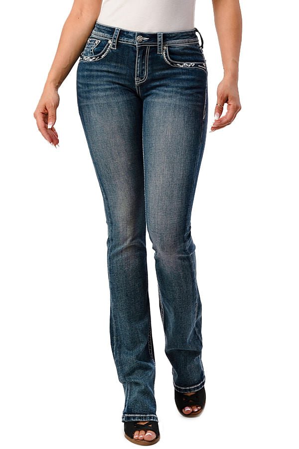 Grace in LA Women's Western Cactus Embellished Mid Rise Bootcut Jeans