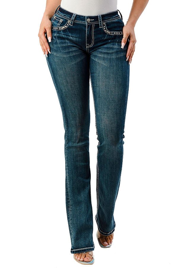 Grace in LA Women's Western Horse Embroidered Mid Rise Bootcut Jeans