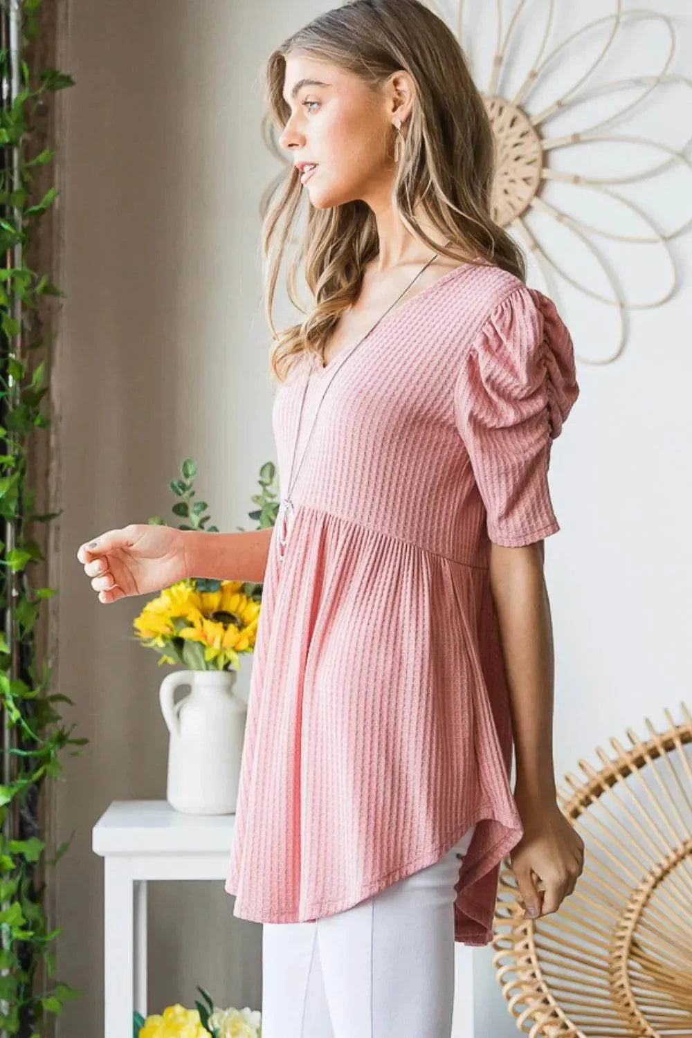 Heimish Full Size Waffle Knit V-Neck Babydoll Top
