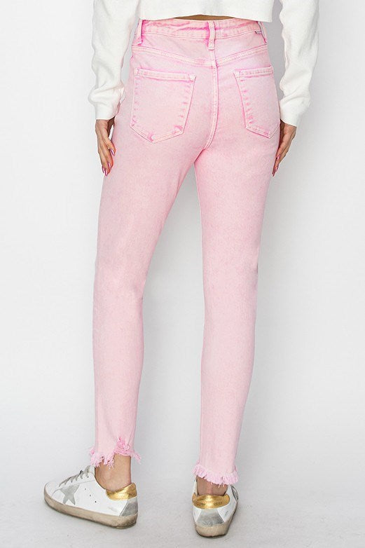 Risen: Acid Pink High Rise-Crop Skinny-Fray Hem Pants