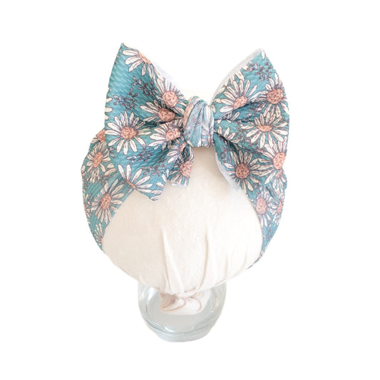 Vintage Blue Daisy Floral Headwrap Bow