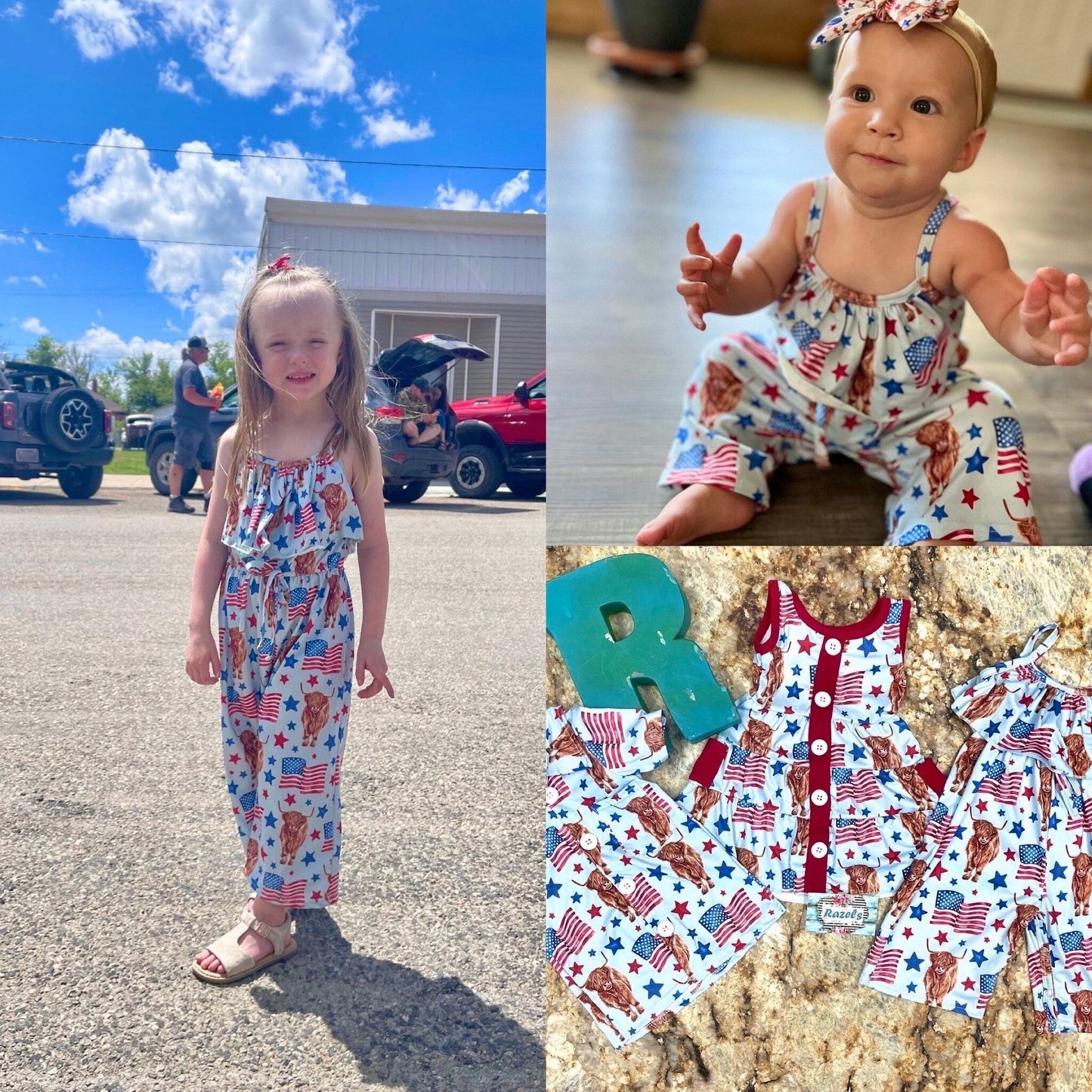 Highland Cow 4th of July Outfits for Kids – Dress, Button Down Shirt & Romper | Western Matching Sibling Set | Patriotic Cowboy ClothesOf July Kids