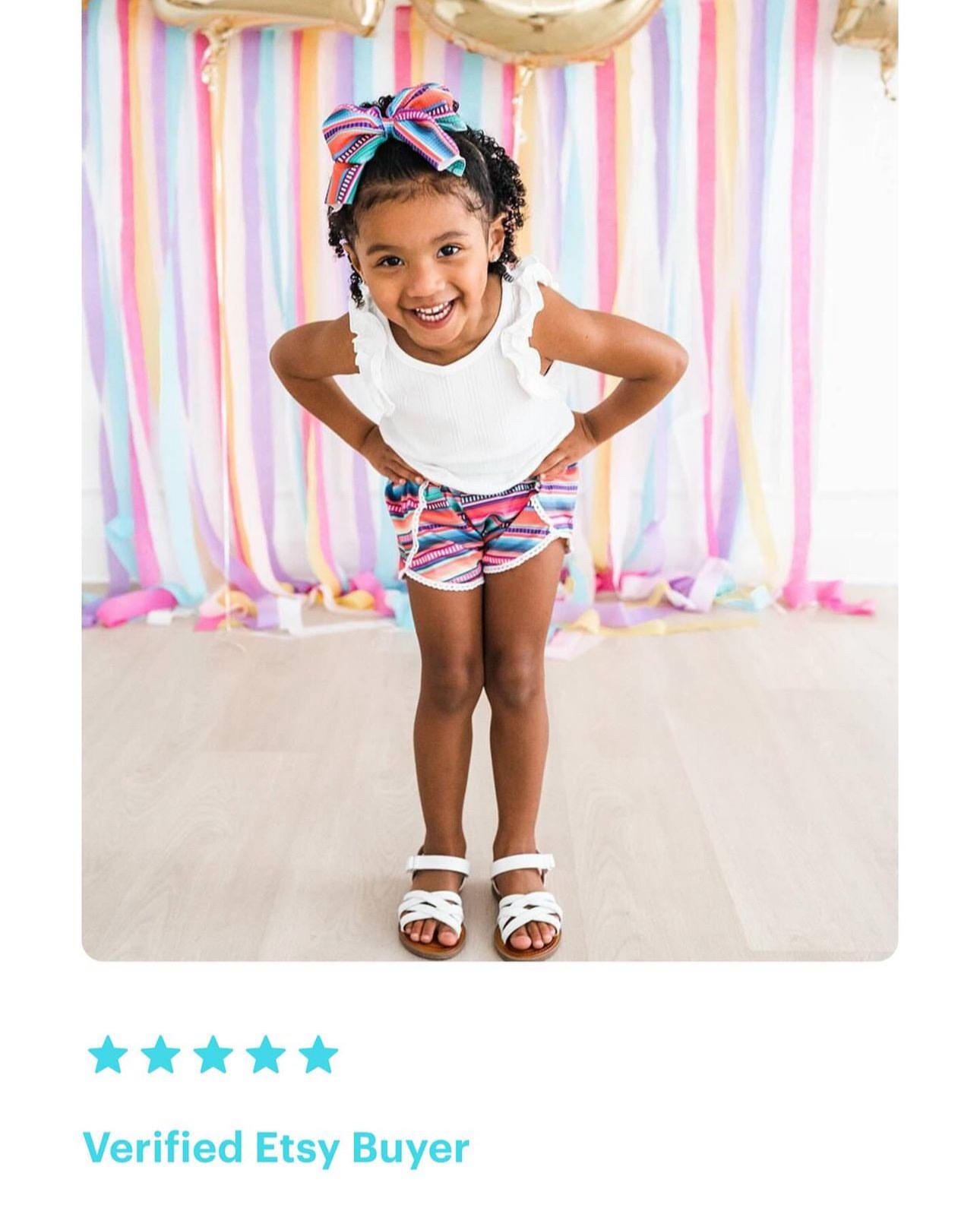 Girls Serape Summer Shorts – Pink Stripe Western Boutique Style – Lightweight & Lace Hem