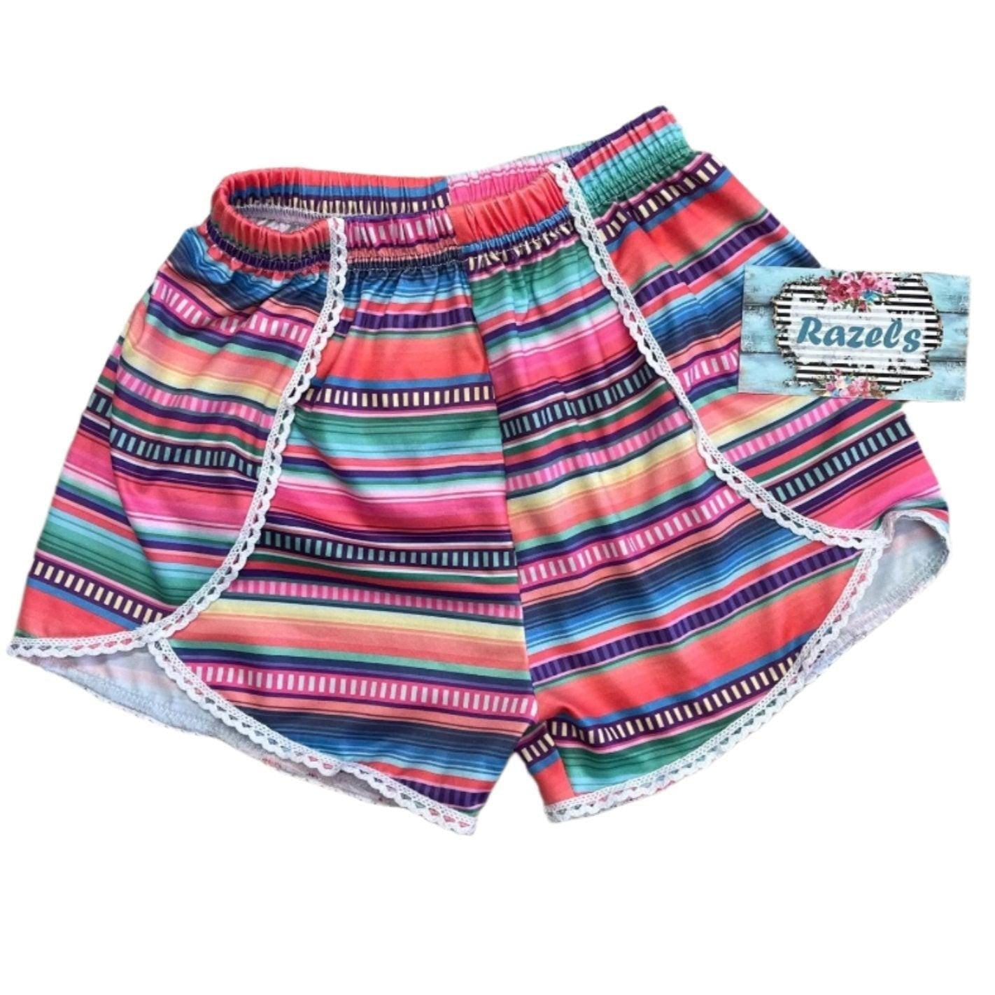 Girls Serape Summer Shorts – Pink Stripe Western Boutique Style – Lightweight & Lace Hem