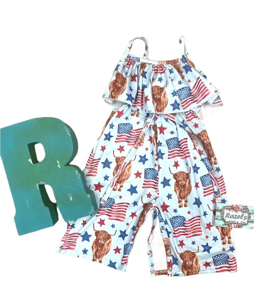 Highland Cow 4th of July Outfits for Kids – Dress, Button Down Shirt & Romper | Western Matching Sibling Set | Patriotic Cowboy ClothesOf July Kids