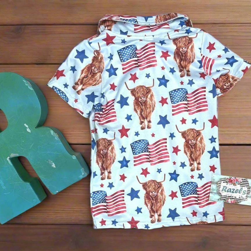 Highland Cow 4th of July Outfits for Kids – Dress, Button Down Shirt & Romper | Western Matching Sibling Set | Patriotic Cowboy ClothesOf July Kids