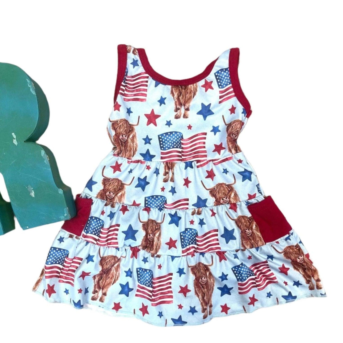 Highland Cow 4th of July Outfits for Kids – Dress, Button Down Shirt & Romper | Western Matching Sibling Set | Patriotic Cowboy ClothesOf July Kids