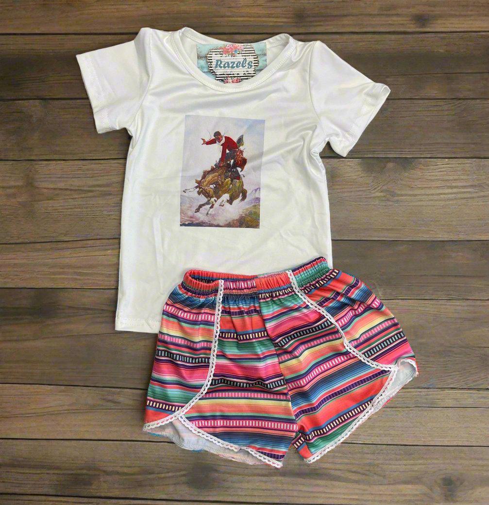 Girls Serape Summer Shorts – Pink Stripe Western Boutique Style – Lightweight & Lace Hem