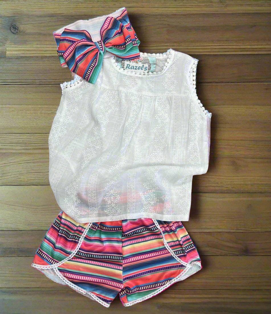 Girls Serape Summer Shorts – Pink Stripe Western Boutique Style – Lightweight & Lace Hem