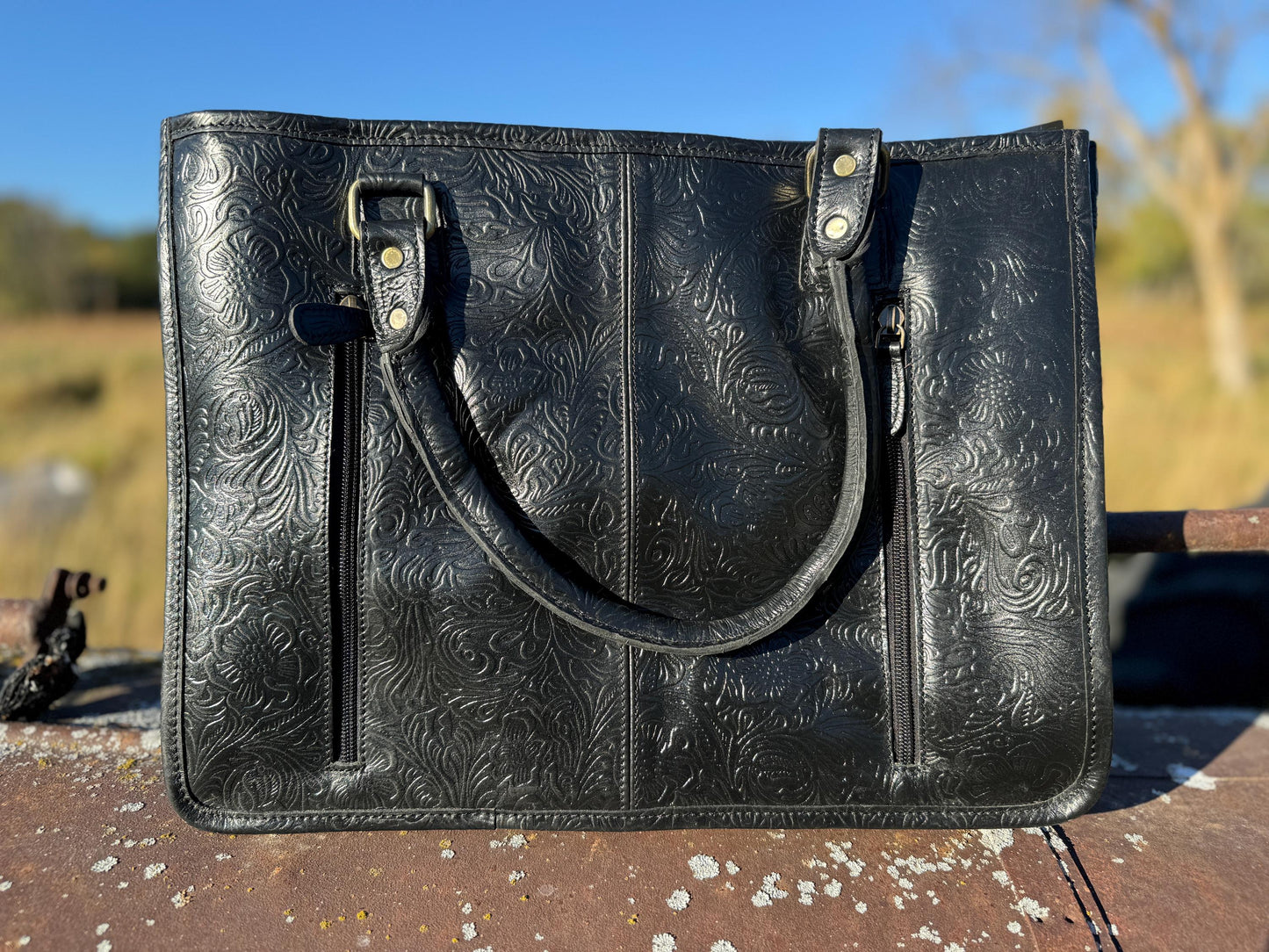 Genuine Western Leather Black laptop messenger briefcase bag with tooled and embossed leather  by Double B Wild Rags CONCEAL and CARRY