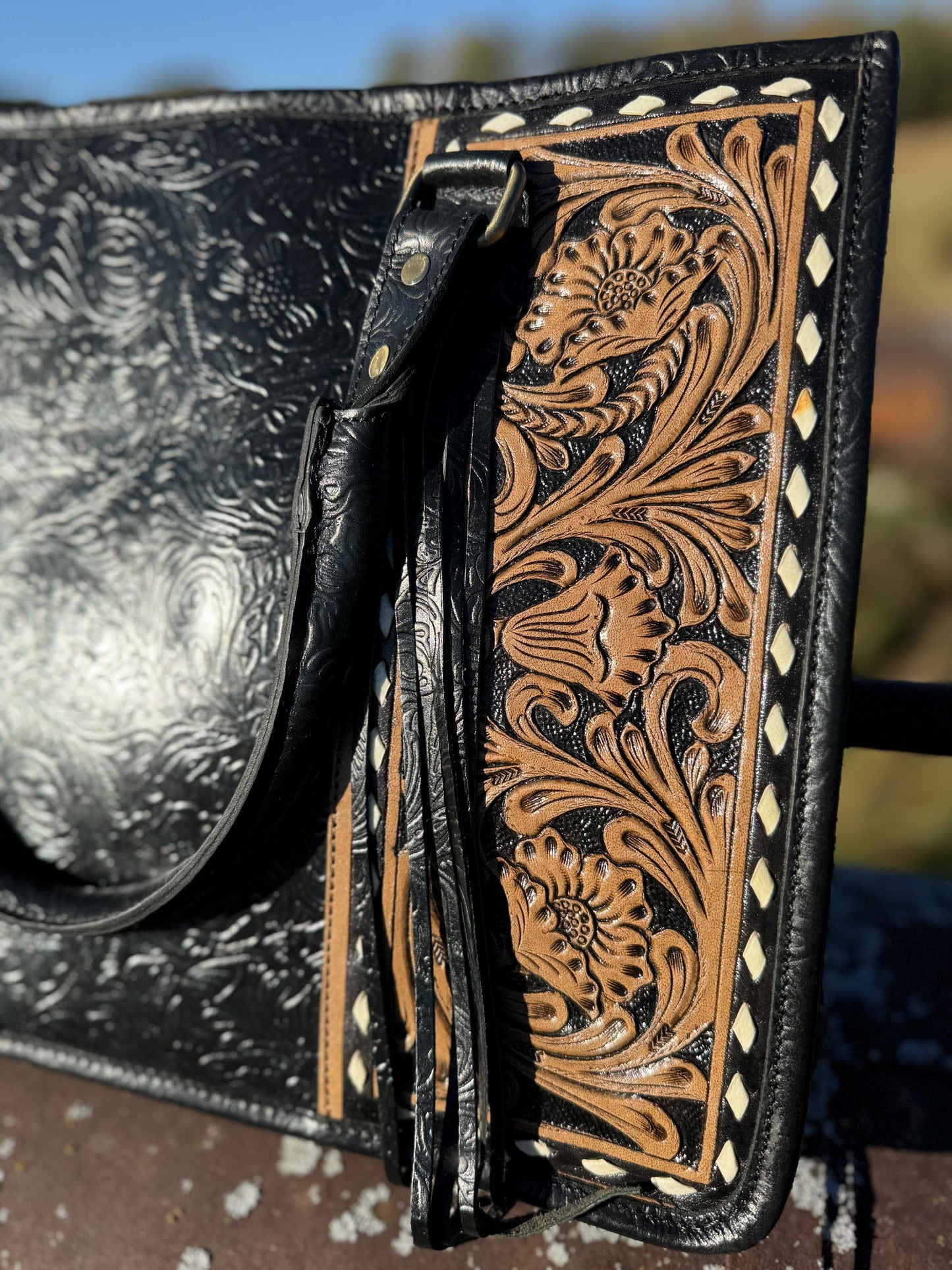 Genuine Western Leather Black laptop messenger briefcase bag with tooled and embossed leather  by Double B Wild Rags CONCEAL and CARRY