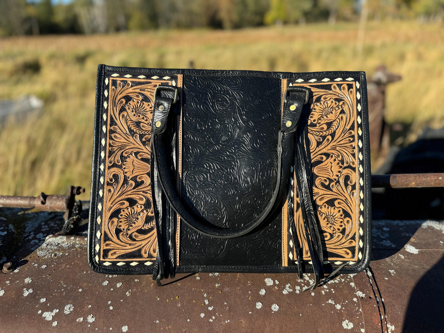 Genuine Western Leather Black laptop messenger briefcase bag with tooled and embossed leather  by Double B Wild Rags CONCEAL and CARRY